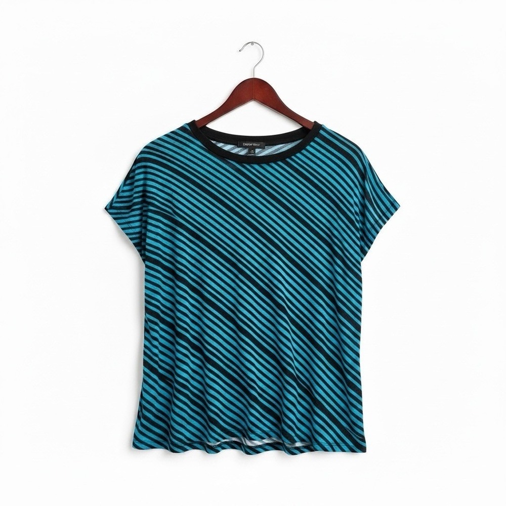 VTG Top 90s Punk Long Tunic Diagonal Striped Large XL Blue Black New Wave Retro‎